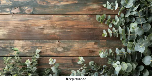 Fresh eucalyptus branches on a wooden background. Flat lay, top view