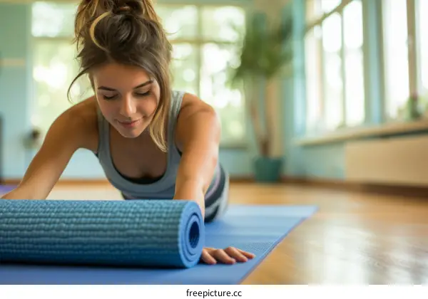 Young woman rolling out a yoga mat in a yoga studio