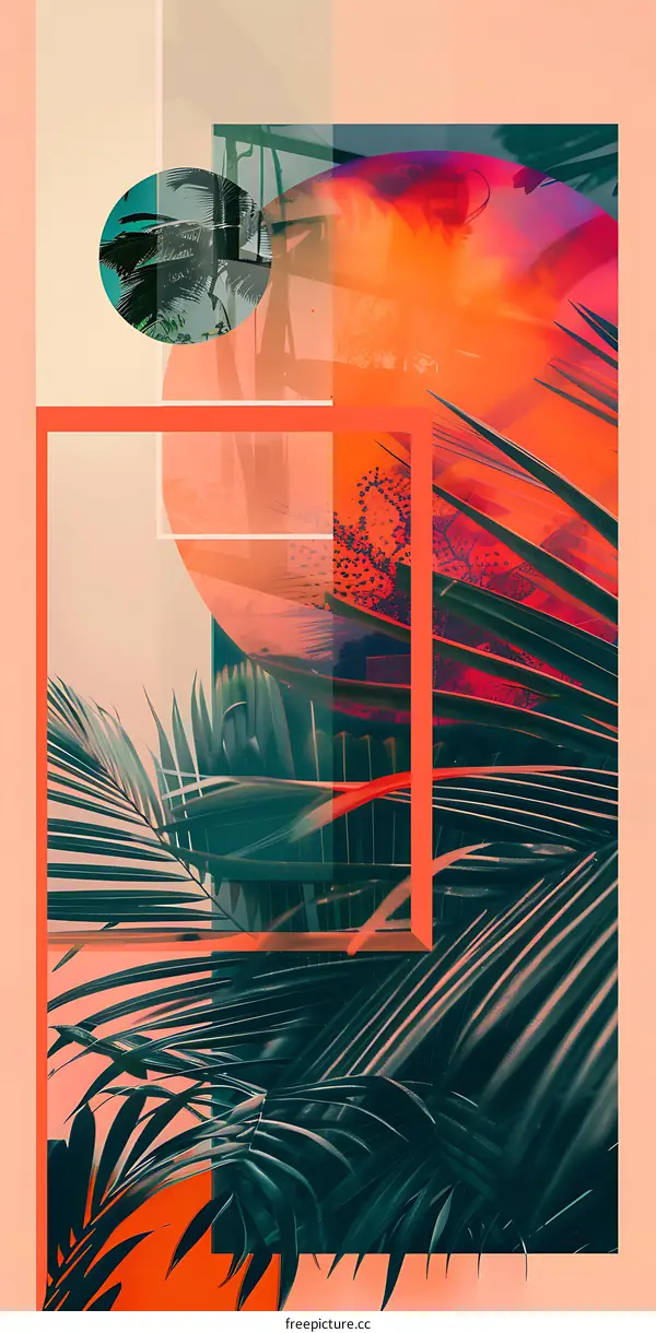 Abstract Tropical Collage Art With Palm Leaves And Geometric Shapes