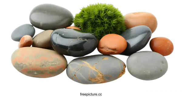 [Transparent Background PNG]Smooth River Rocks and Green Moss Isolated on White Background