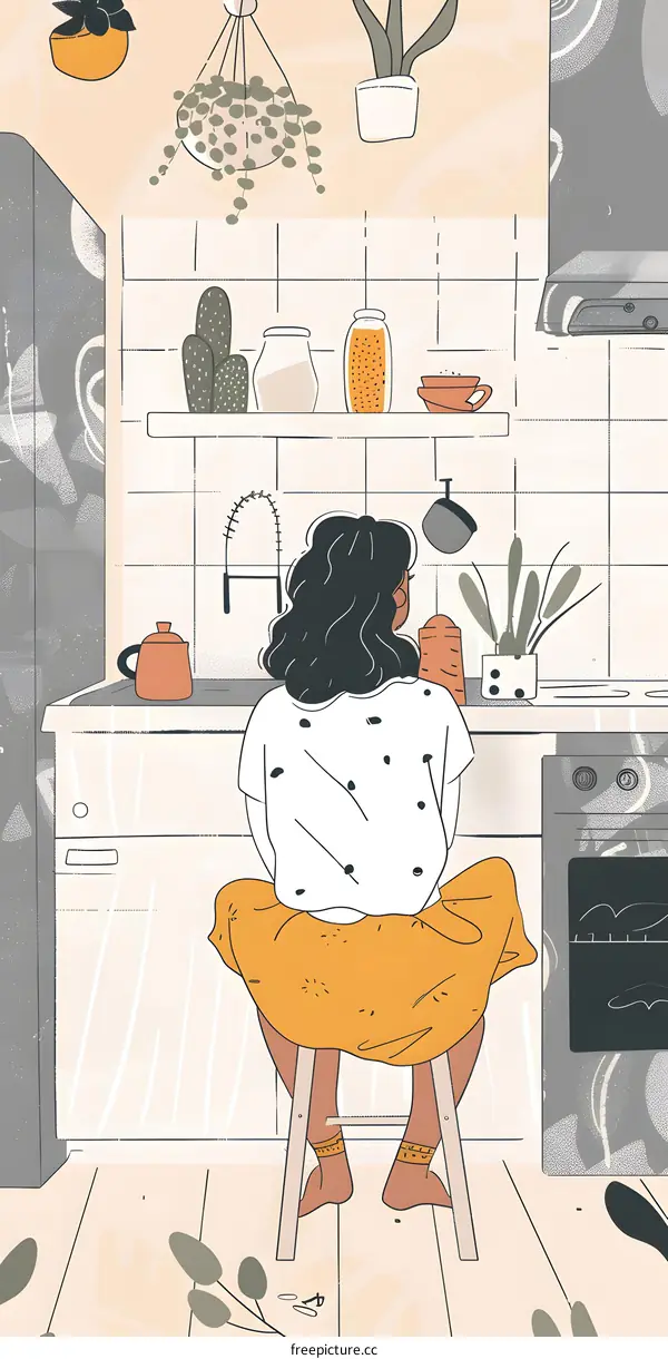 Woman Sitting on Stool in Kitchen Illustration
