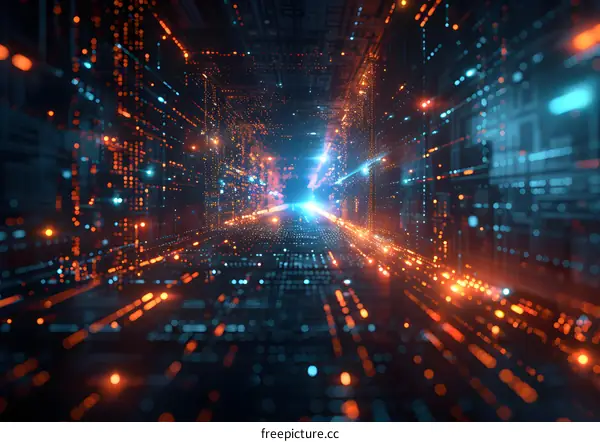 Abstract Digital Cyberspace Tunnel with Glowing Lights