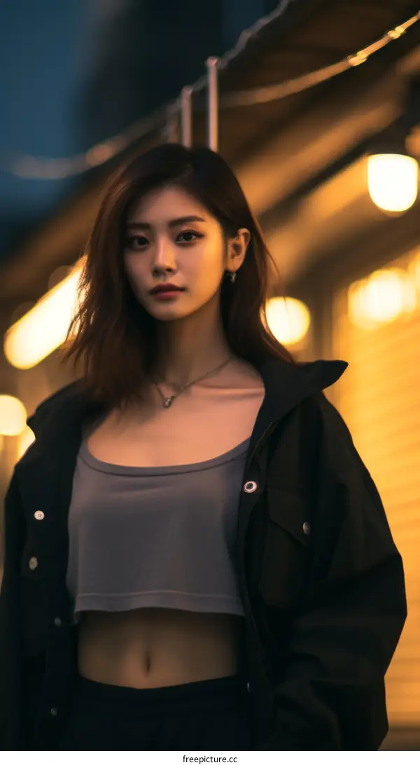 A young Asian woman with long dark hair is posing in front of a dark background. She is wearing a black jacket and a gray crop top.