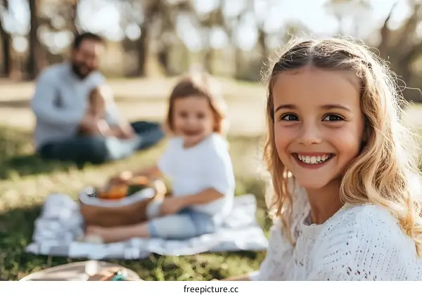 Smiling Girl During a Family Picnic in the Park