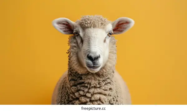 Close-up portrait of a sheep against a yellow background