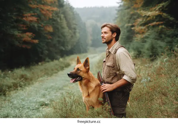 Hunter and Dog in Autumn Forest
