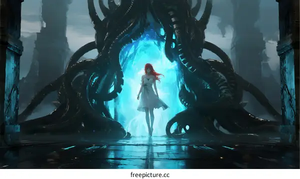 Mysterious Female Figure Standing Before Glowing Alien Gateway