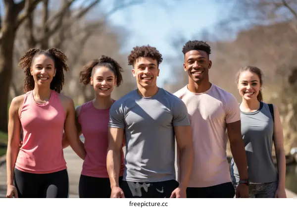 A group of five friends are posing for a photo in a park. They are all smiling and wearing athletic clothes.