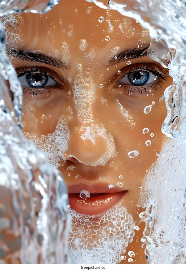 Close Up of Woman Face With Water Splashing