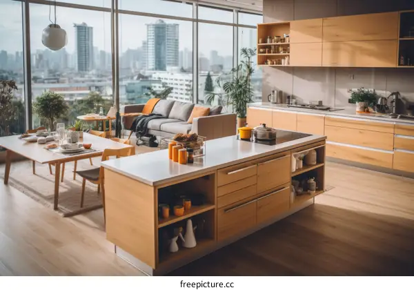 An open-concept kitchen with a large island and a dining area