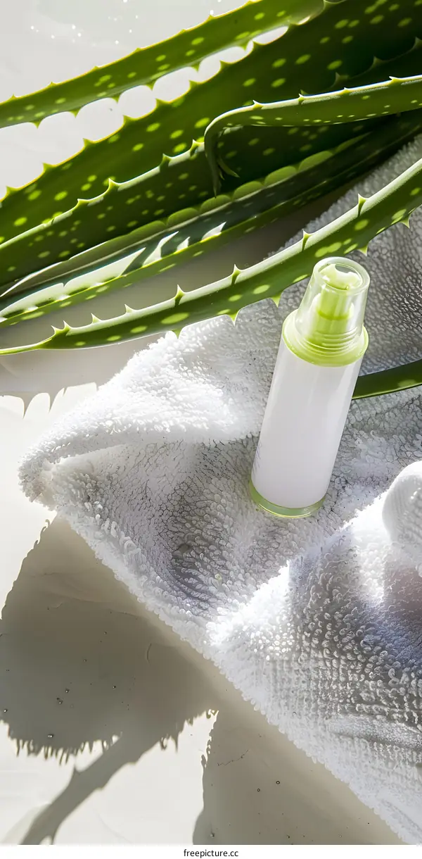 Aloe Vera and Bottle of Lotion on White Towel