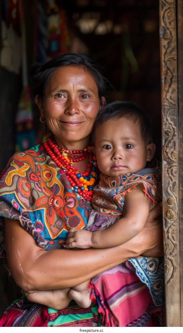 Indigenous Mother and Child in Traditional Clothing