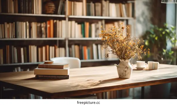 A beautiful library with a wooden table, a vase of flowers, and a stack of books.