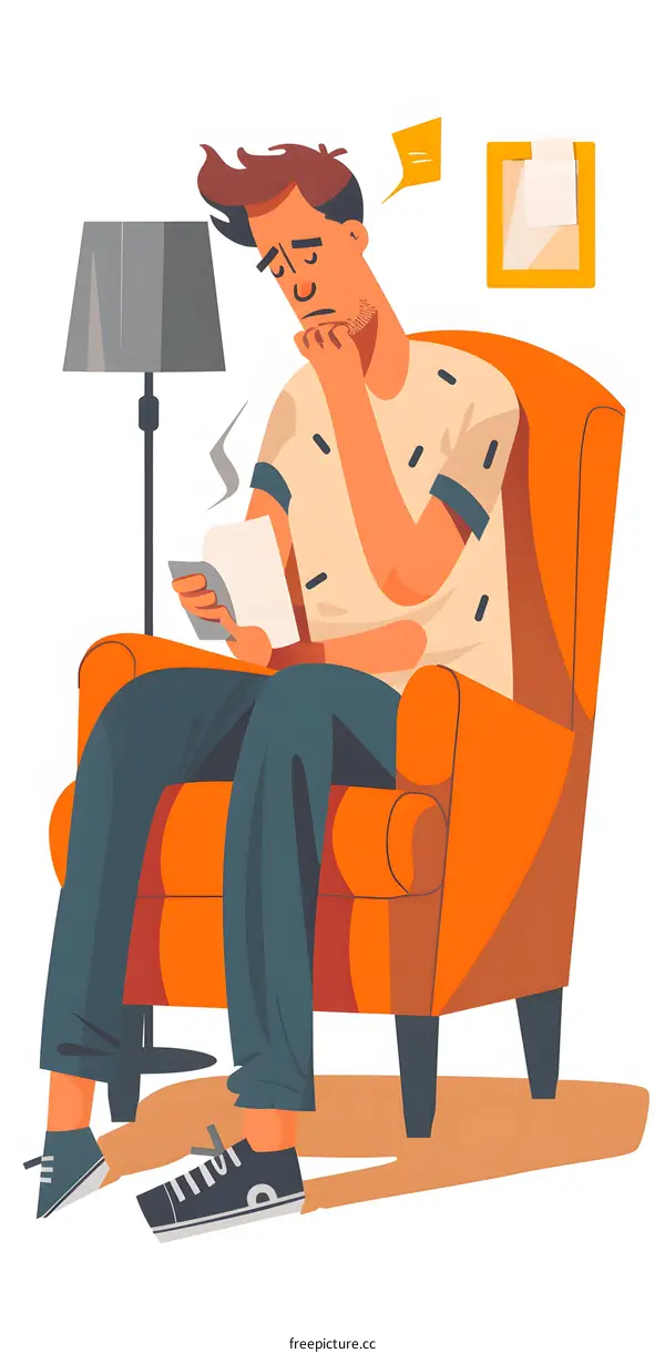 Man Sitting In Armchair Reading And Thinking