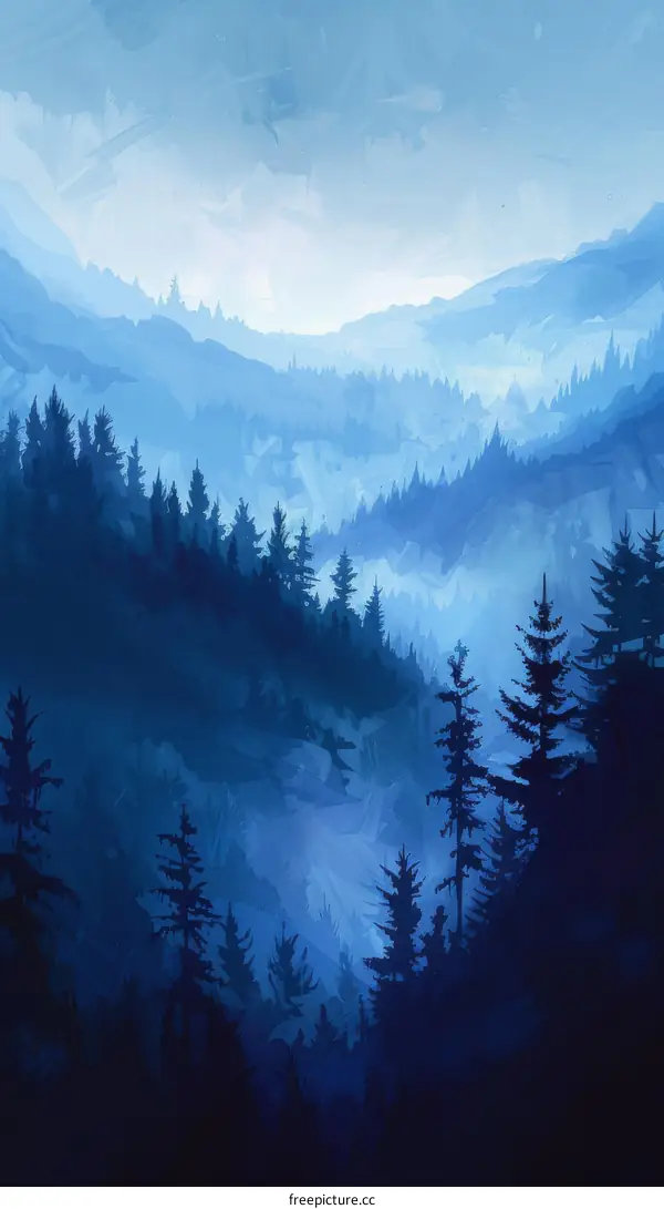 Soothing Landscape with Blue Mountains and Pine Trees