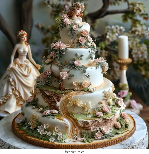 Multi-Tiered Wedding Cake Adorned with Flowers and Greenery