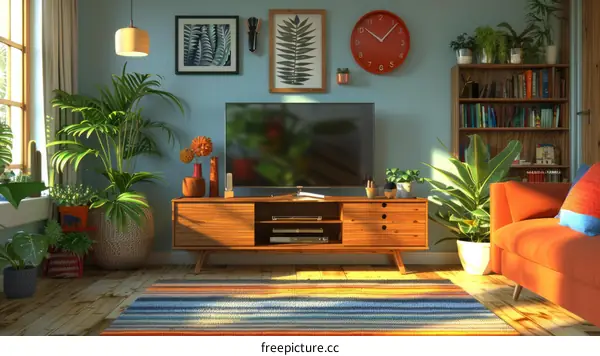 Indoor plants and a mid-century modern TV stand in a home living room