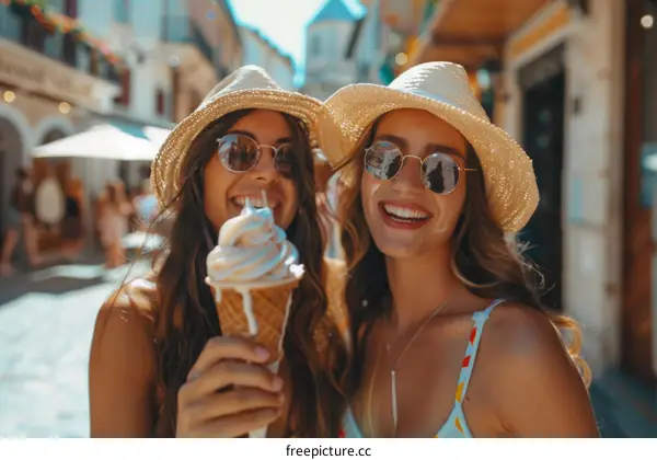 Two happy young women friends with straw hats eating ice cream and walking in the street