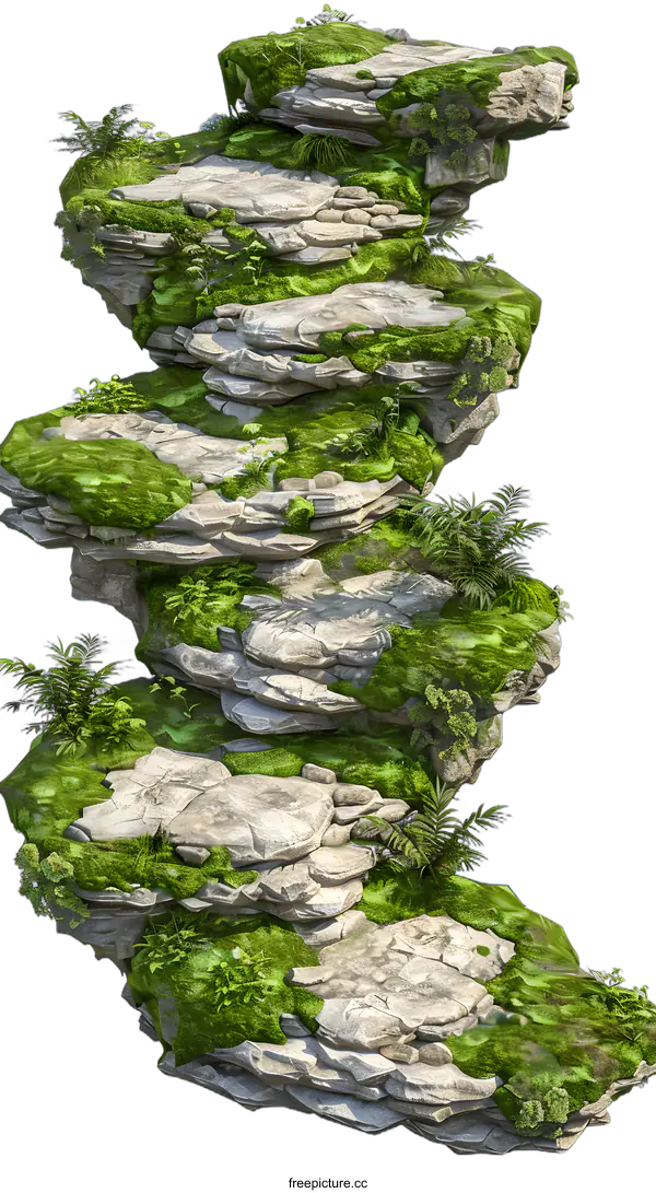 [Transparent Background PNG]Stone Steps Cliffside With Green Moss and Foliage