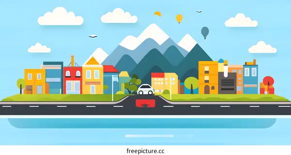 Simple Flat Design Illustration of a City with Mountain Background