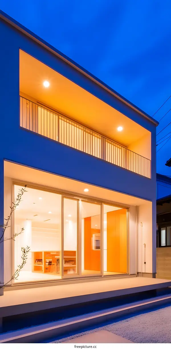 Modern Two Story House with Orange Wall and Glass Doors