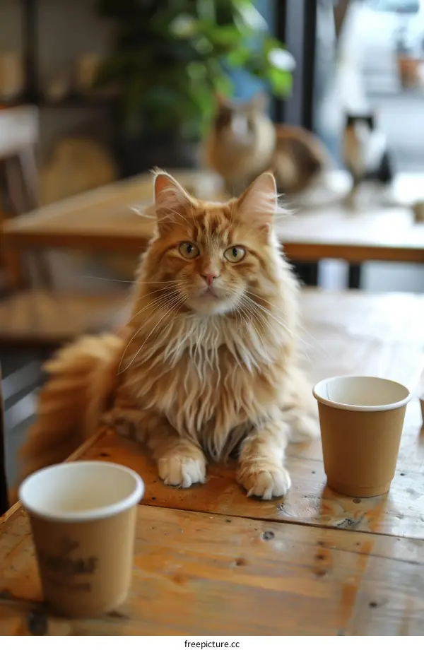 A ginger cat sitting on a table in a cafe