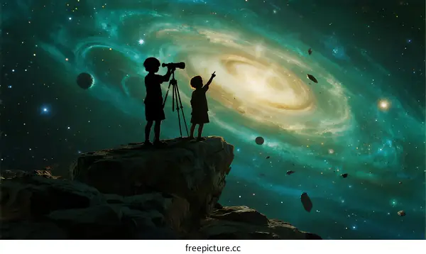 Children Looking at Stars with Telescope in Space