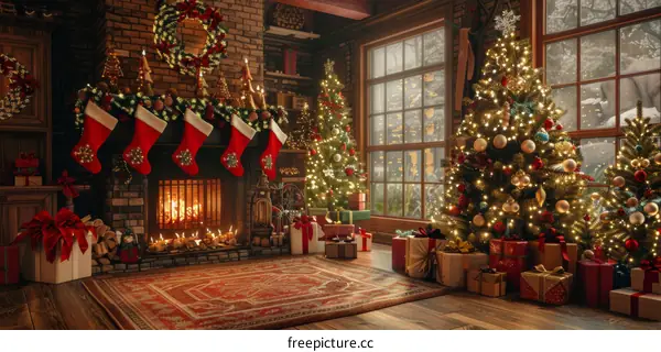 Cozy Christmas Living Room with Fireplace and Decorated Tree