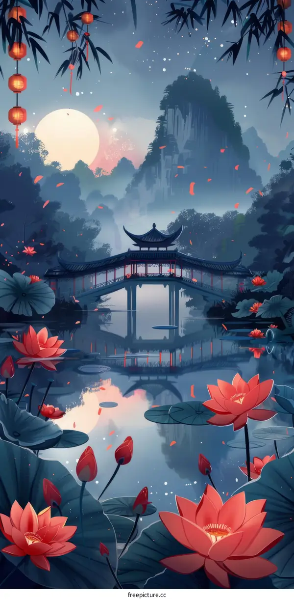 Tranquil Chinese Landscape with Bridge over Water and Red Lotus Flowers