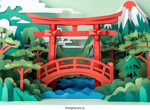 A paper cut illustration of a Japanese landscape with a bridge and a torii gate