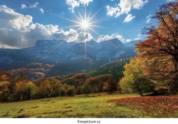 Autumn Mountain Landscape With Sun Rays