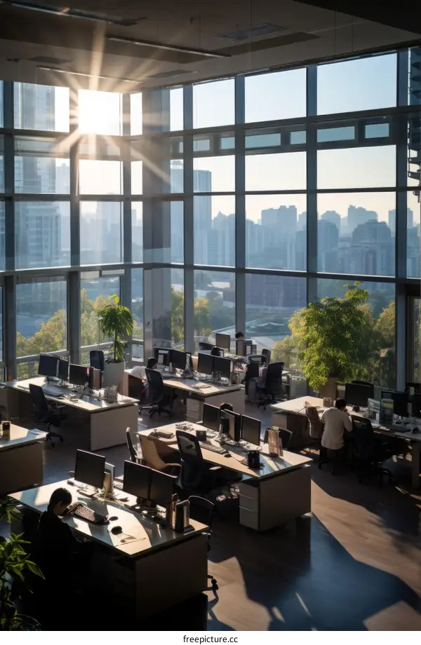 Modern Office Building With Glass Windows and Workstations