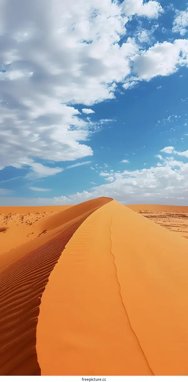 A large sand dune in the middle of a desert with a blue sky and white clouds