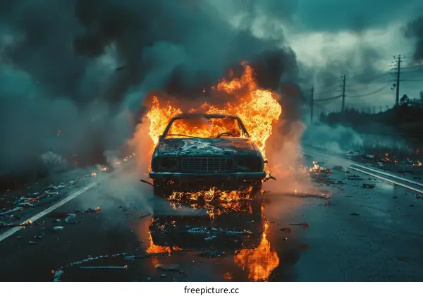 Car on fire with huge flames and dark smoke