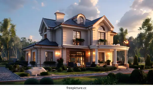 The 3D rendering shows a country villa with an attic and a terrace