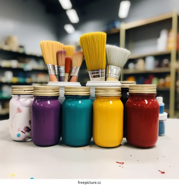 Colorful paint jars and paintbrushes on a table