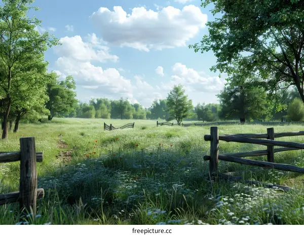 Tranquil Green Field with Wooden Fence and Serene Countryside Landscape