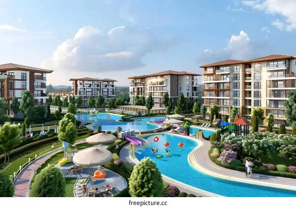 Luxury Apartment Complex With Swimming Pool And Playground