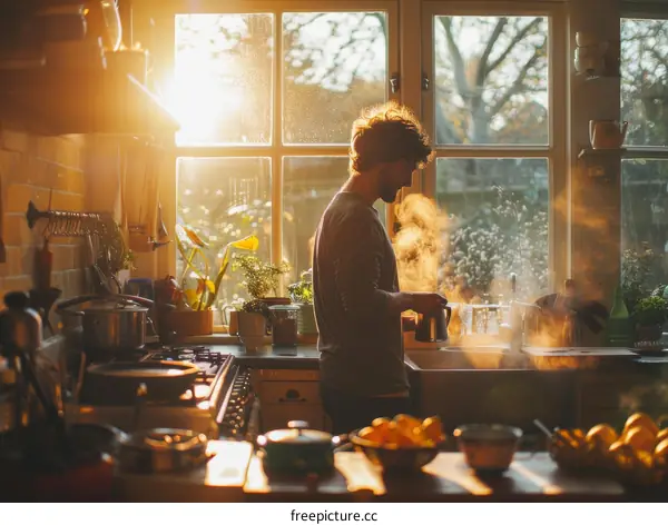 Man making coffee in the morning sunlight