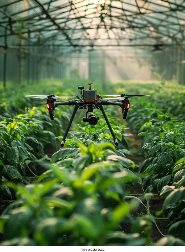 A drone flies over a field, spraying a green field