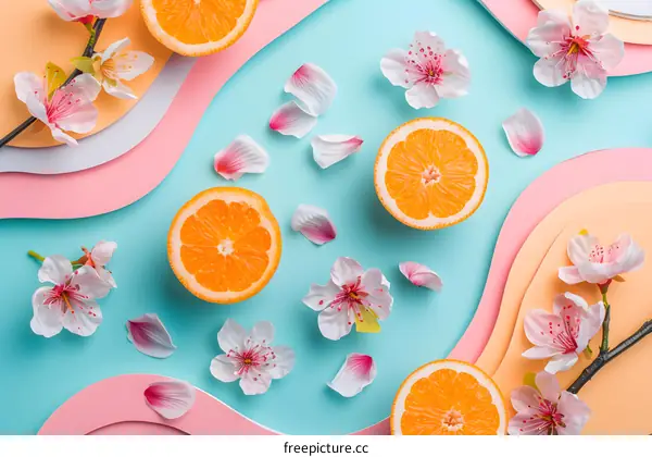 Orange Slices and Pink Flowers on Blue Background