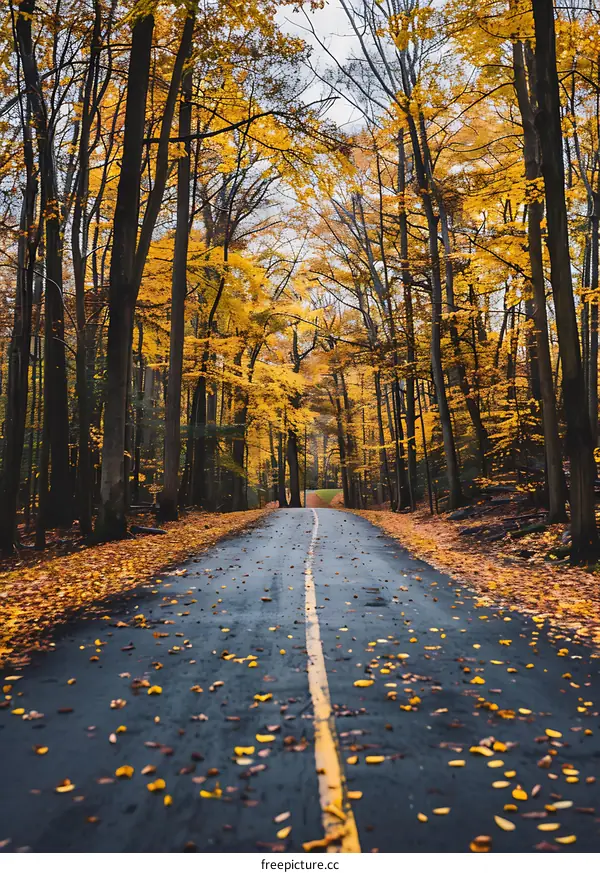 Autumn Road Through Forest with Yellow Leaves