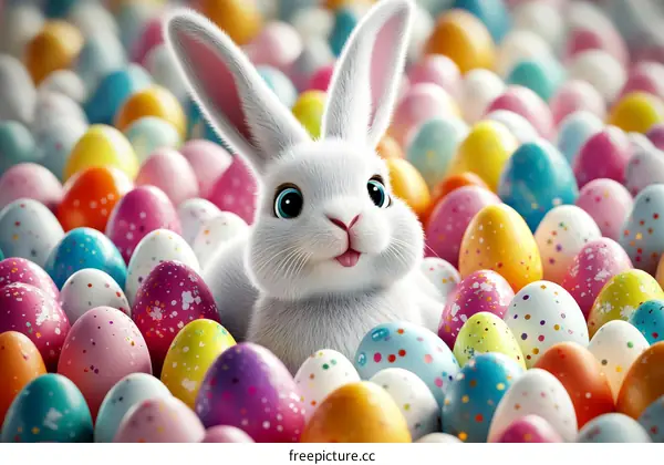 Cute Easter Bunny surrounded by colorful eggs