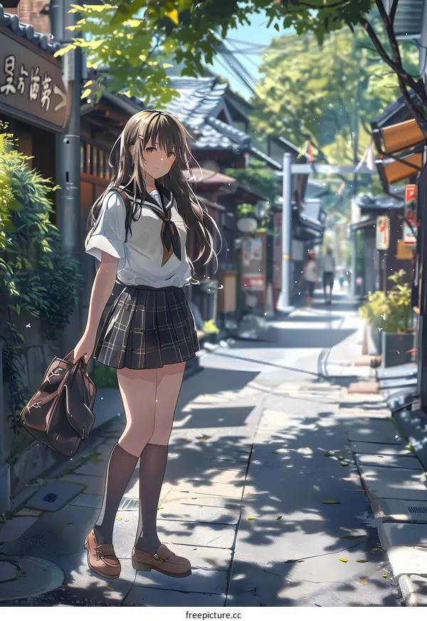 Anime Girl in School Uniform Walking on a Street in Japan