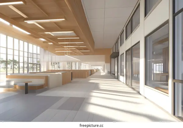 Modern Office Hallway with Wooden Ceiling and Large Windows