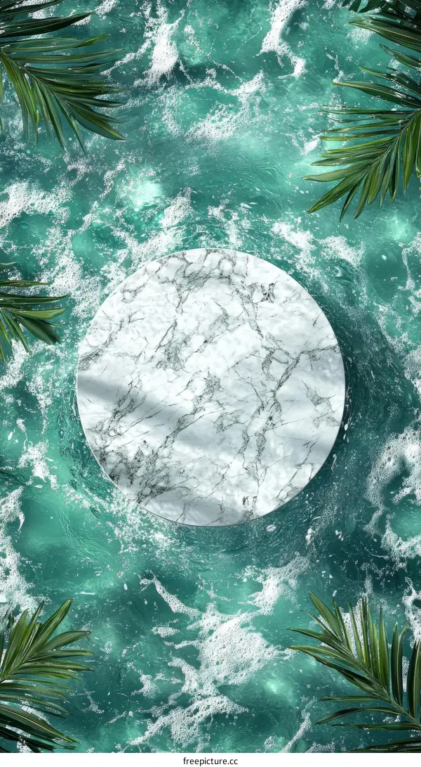Abstract Marble Display on Teal Water Background with Tropical Leaves