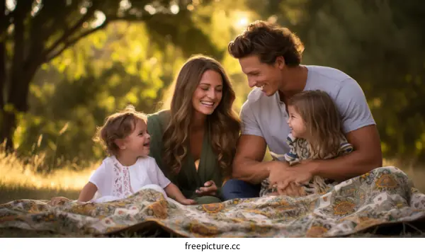 Happy family of four sitting on a blanket in the park