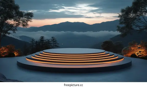 Empty Round Stage Against Mountain Sunset