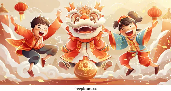 Three happy children celebrating Chinese New Year