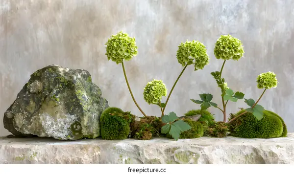 Green Flowers with Moss and Stone